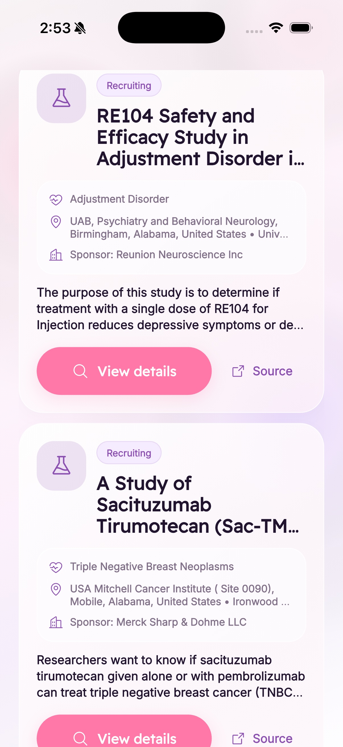 SteadyTogether clinical trial finder screen with recruiting studies, study details, and source links