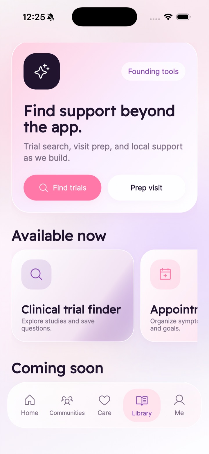 SteadyTogether library screen with clinical trial finder and appointment prep tools